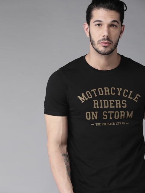 

Roadster Men Black & Olive Green Printed Round Neck T-shirt