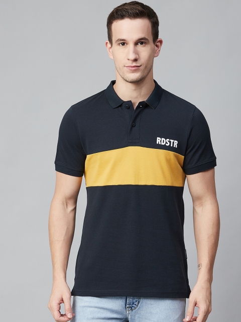

Roadster Men Navy Blue & Yellow Colourblocked Polo Collar T-shirt