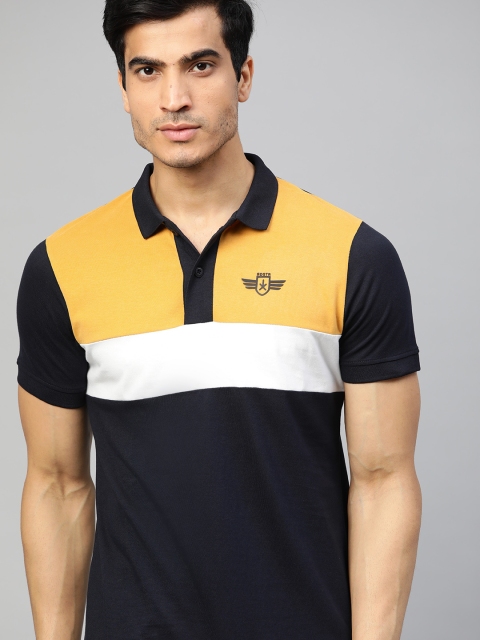 

Roadster Men Navy Blue & Mustard Yellow Colourblocked Polo Collar T-shirt