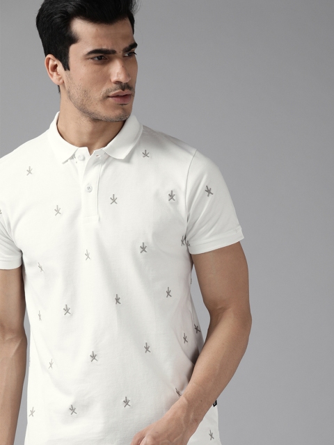 

Roadster Men White & Grey Embroidered Polo Collar T-shirt