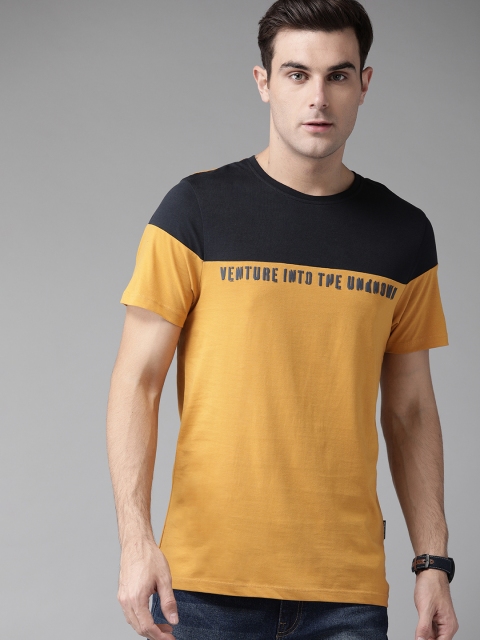

Roadster Men Mustard Yellow & Black Colourblocked Round Neck T-shirt