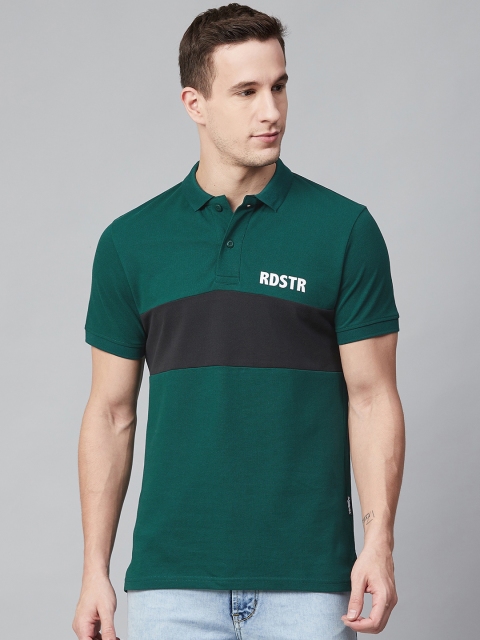 

Roadster Men Green & Black Colourblocked Polo Collar T-shirt
