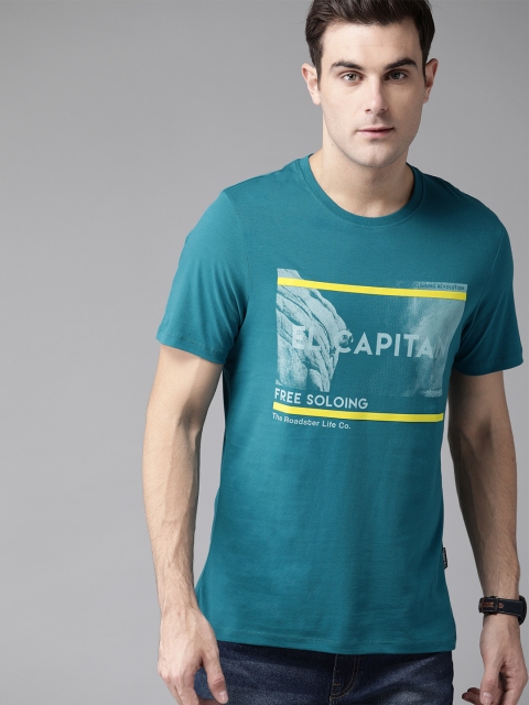 

Roadster Men Teal Blue Printed Round Neck T-shirt
