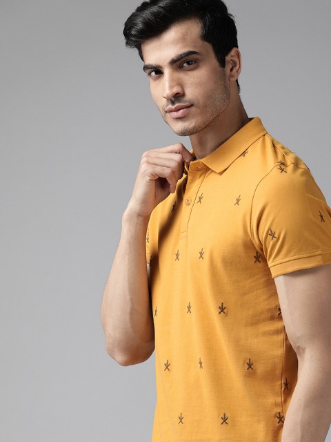 

Roadster Men Mustard Yellow Embroidered Polo Collar T-shirt