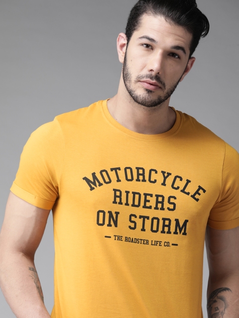 

Roadster Men Mustard Yellow & Black Printed Polo Collar T-shirt