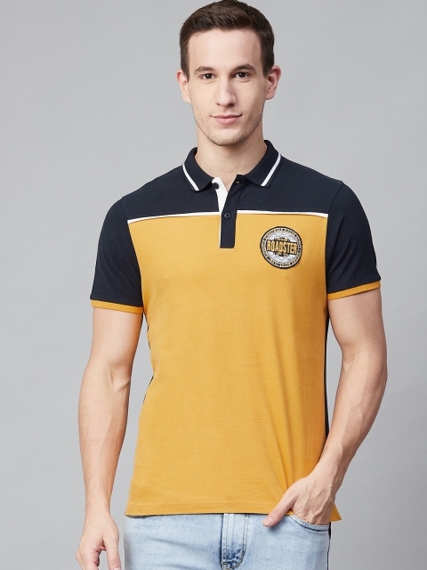 

Roadster Men Mustard Yellow & Navy Blue Colourblocked Polo Collar T-shirt