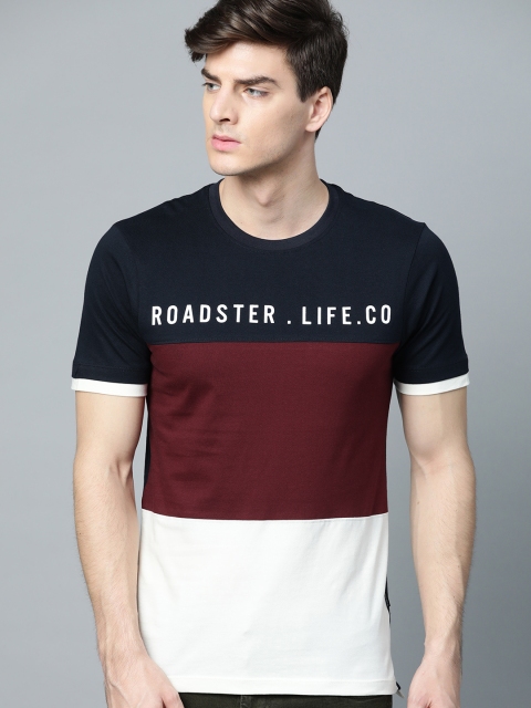 

Roadster Men Navy & Maroon Colourblocked Round Neck T-shirt, Navy blue
