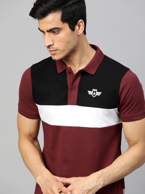 

Roadster Men Burgundy & Black Colourblocked Polo Collar T-shirt