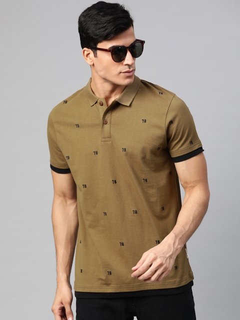 

Roadster Men Olive Green & Black Embroidered Polo Collar T-shirt