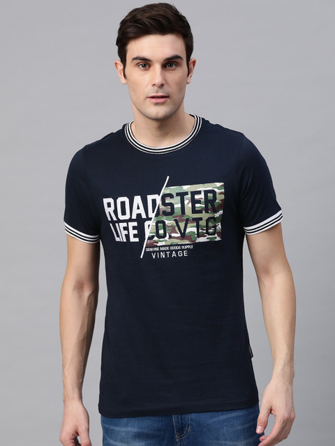 

Roadster Men Navy Blue White Printed Round Neck Pure Cotton T-shirt
