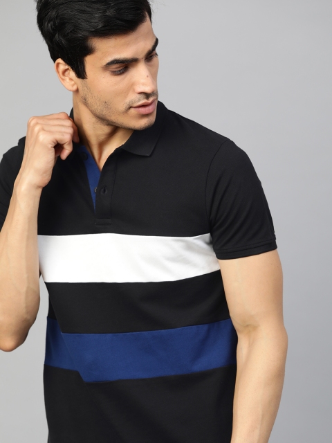 

The Roadster Lifestyle Co Men Black & White Striped Polo Collar T-shirt