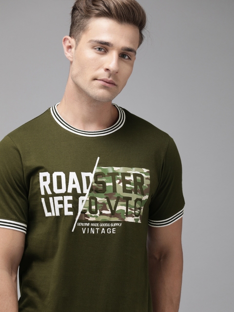 

Roadster Men Olive Green Printed Round Neck T-shirt with Embroidered Detail