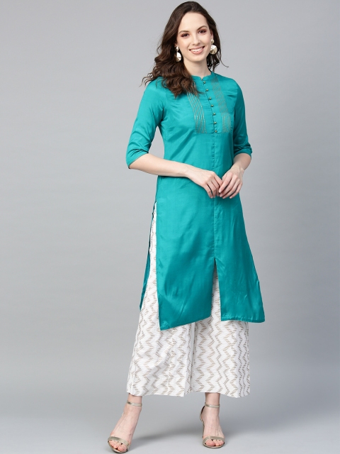 

W Women Teal Green Yoke Design Straight Kurta