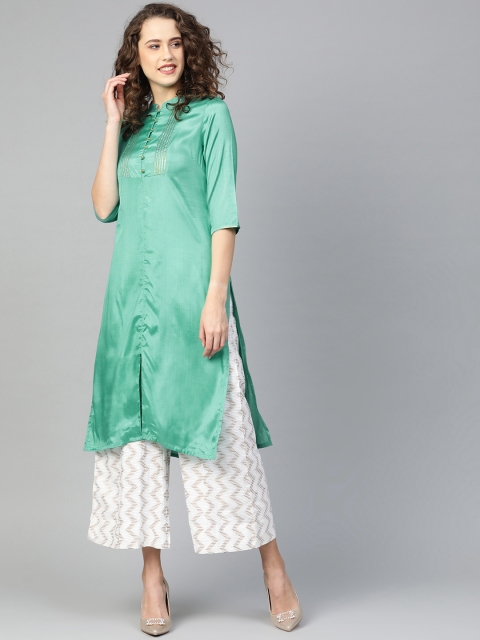 

W Women Green Yoke Design Straight Kurta