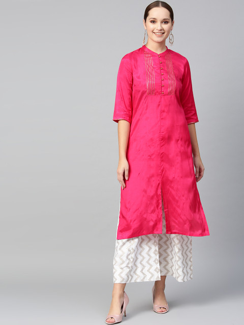 

W Women Pink Yoke Design Straight Kurta