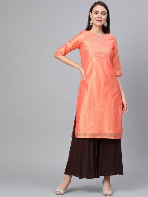 

W Women Peach-Coloured Yoke Design Straight Kurta