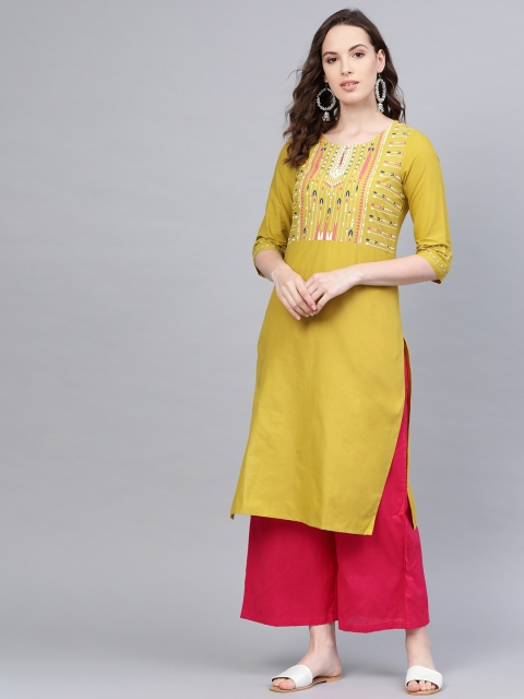 

W Women Green Yoke Design Straight Kurta