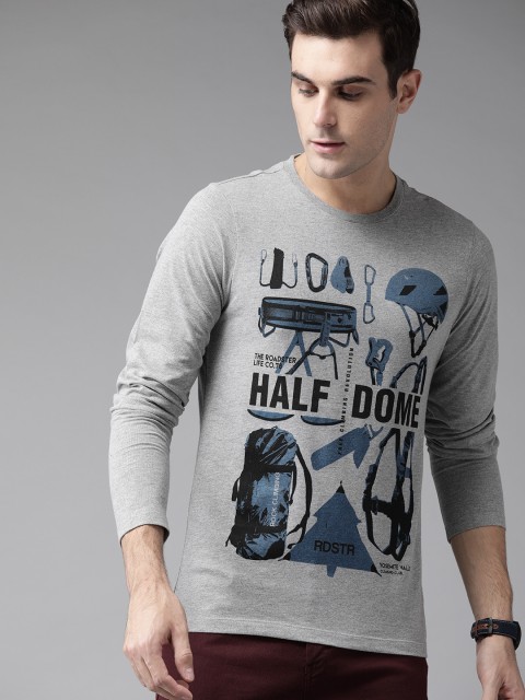 

Roadster Men Grey Melange & Blue Printed Round Neck T-shirt