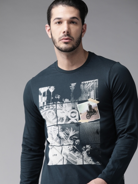 Men Navy Blue & Off-White Printed Round Neck T-shirt