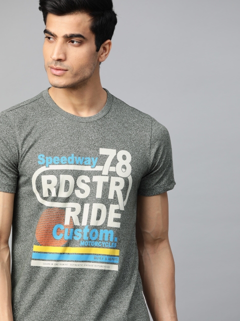 

Roadster Men Olive Green & Cream-Coloured Printed Round Neck T-shirt