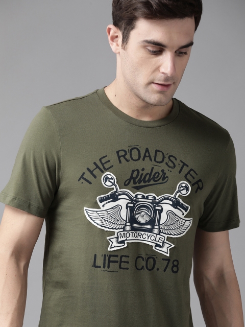 

Roadster Men Olive Green & White Printed Round Neck T-shirt With Applique Detail