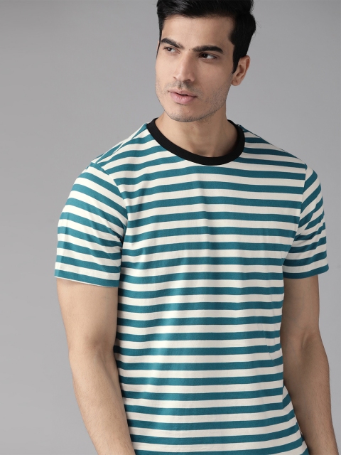 

Roadster Men Teal Blue & White Striped Round Neck T-shirt