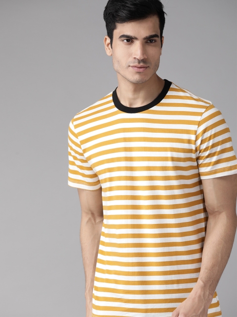 

The Roadster Lifestyle Co Men Mustard Yellow & White Striped Round Neck T-shirt
