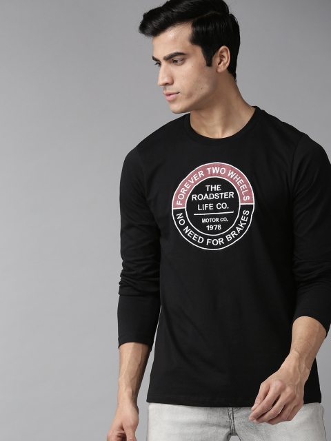 

Roadster Men Black & White Self Design Round Neck T-shirt