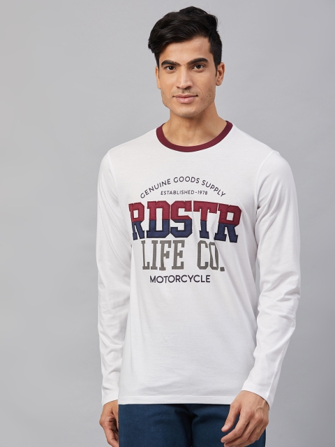 

The Roadster Lifestyle Co Men White and Maroon Printed Round Neck T-shirt