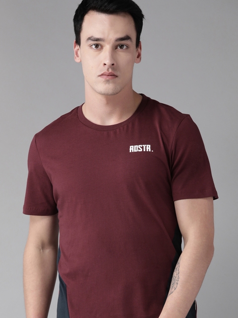 

Roadster Men Maroon & Navy Blue Colourblocked Round Neck T-shirt