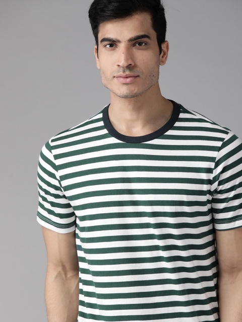 

Roadster Men Green & White Striped Round Neck T-shirt