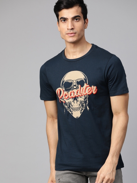 

Roadster Men Navy Blue & Beige Printed Round Neck T-shirt