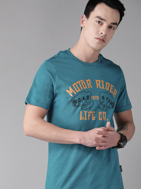 

Roadster Men Teal Blue & Mustard Yellow Graphic Printed Round Neck T-shirt