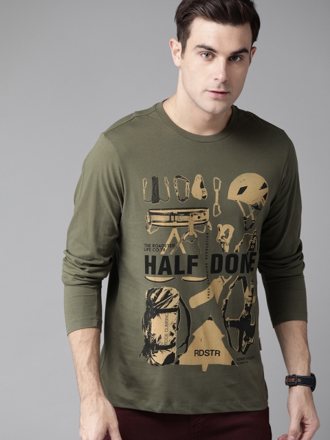 

Roadster Men Olive Green & Beige Printed Round Neck T-shirt