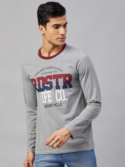 

Roadster Men Grey Melange & Maroon Printed Round Neck T-shirt