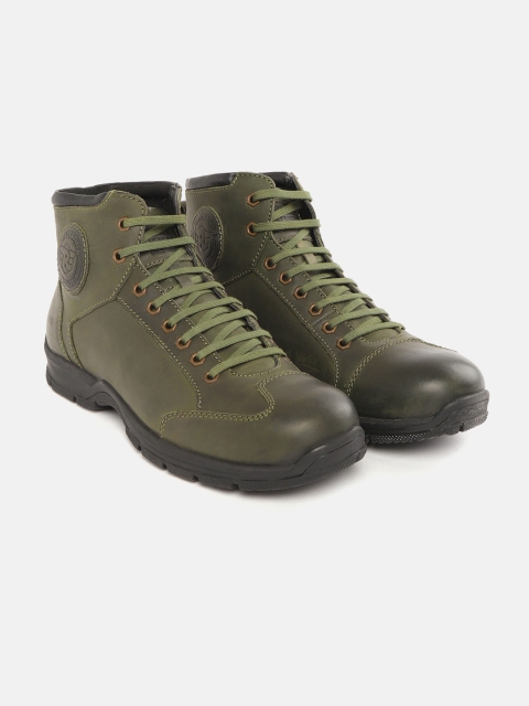 

Royal Enfield Men Olive Green Solid Leather Mid-Top Flat Boots