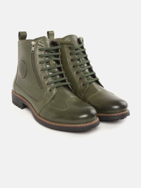 

Royal Enfield Men Olive Green Solid Leather Mid-Top Flat Boots