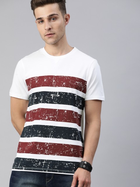 

Roadster Men White & Navy Blue Striped Round Neck T-shirt