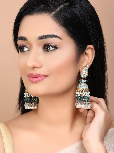 

Rubans Blue & Gold-Plated Enamelled Dome Shaped Jhumkas