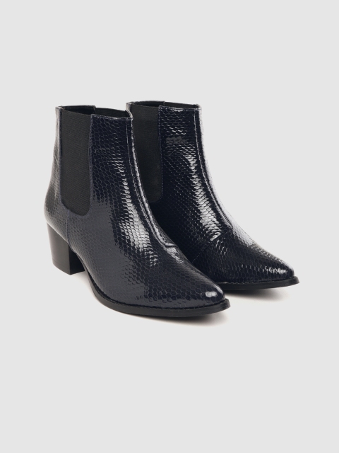 

CORSICA Women Navy Blue Snakeskin Textured Mid-Top Heeled Boots