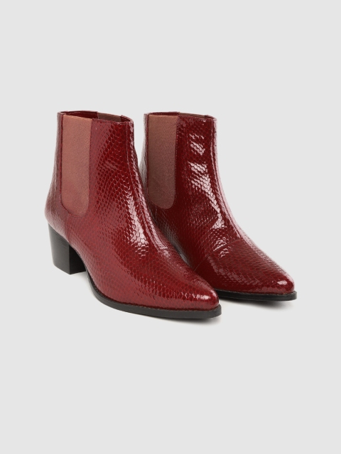 

CORSICA Women Maroon Snakeskin Textured Mid-Top Heeled Boots