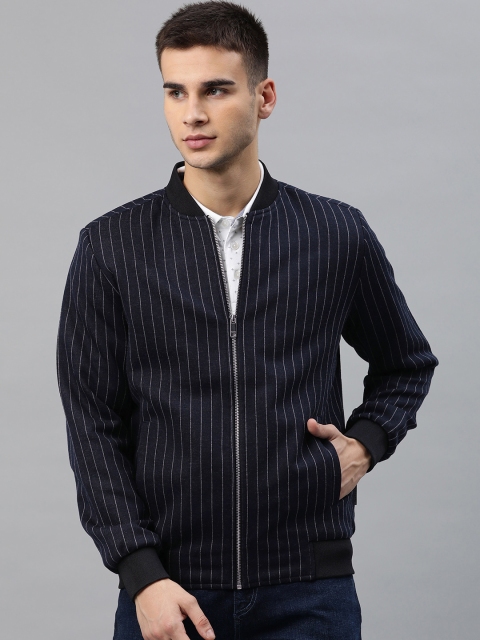 

Van Heusen Men Navy Blue & Grey Striped Slim Fit Bomber Jacket