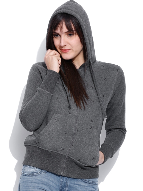 

Tokyo Talkies Grey Melange Printed Hooded Sweatshirt