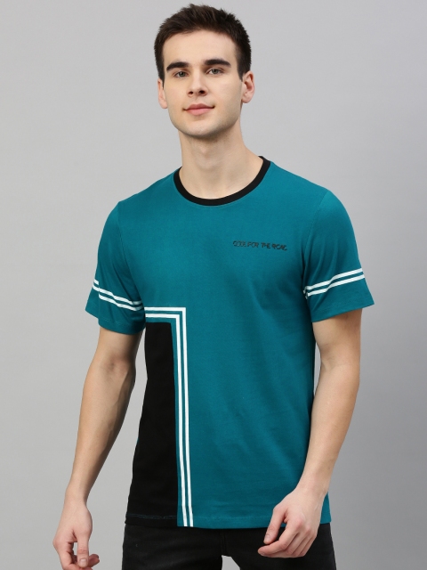 

Roadster Men Teal Blue & Black Colourblocked Round Neck T-shirt