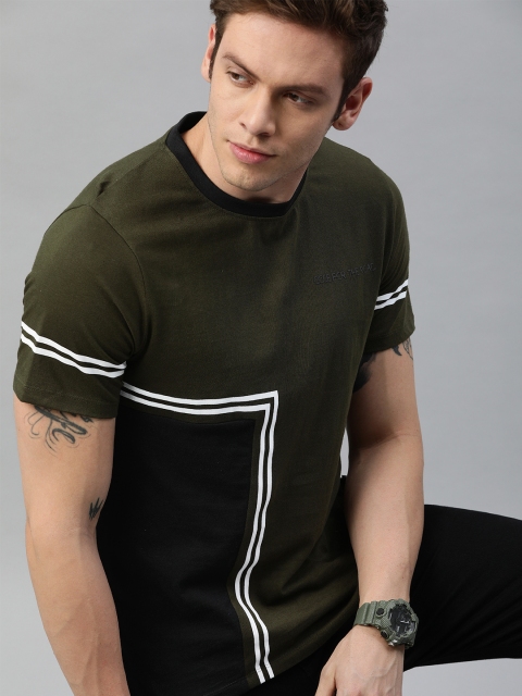 

Roadster Men Olive Green & Black Colourblocked Round Neck T-shirt