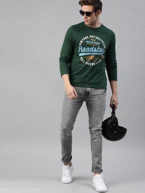 

The Roadster Lifestyle Co Men Green Printed Round Neck Pure Cotton T-shirt