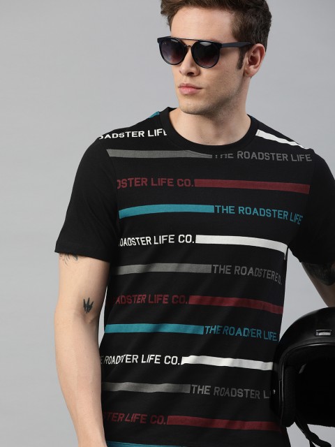 

Roadster Men Black & Blue Striped Round Neck T-shirt
