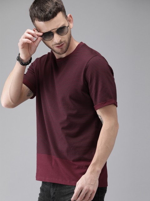 

Roadster Men Maroon & Charcoal Grey Striped Round Neck T-shirt
