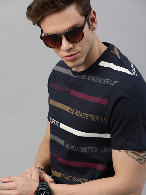 

The Roadster Lifestyle Co Men Navy Blue Maroon Striped Round Neck Pure Cotton T-shirt
