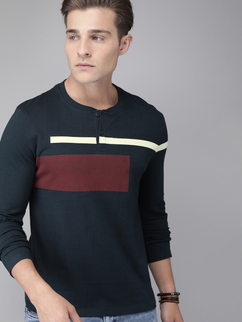 

Roadster Men Navy Blue Printed Henley Neck T-shirt